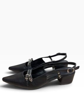 Streetwear Society Black Pointed Toe Double Buckle Slingback Block Heels Size US